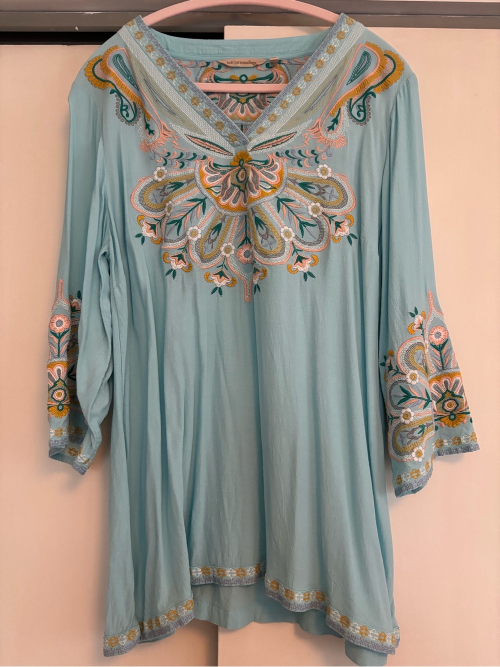 Soft Surroundings Light Blue Embroidered V-Neck Tunic